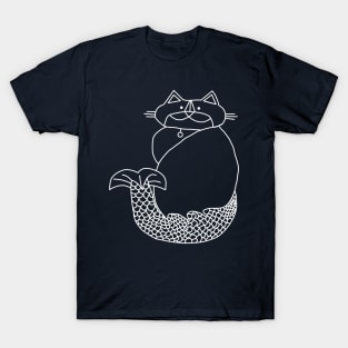 Kevin MerCat the Cat Mermaid White Line Drawing T-Shirt